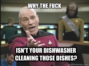 why the fuck isn't your dishwasher cleaning those dishes?  Annoyed Picard