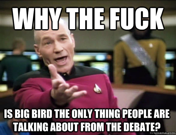 Why the fuck is big bird the only thing people are talking about from the debate? - Why the fuck is big bird the only thing people are talking about from the debate?  Annoyed Picard HD
