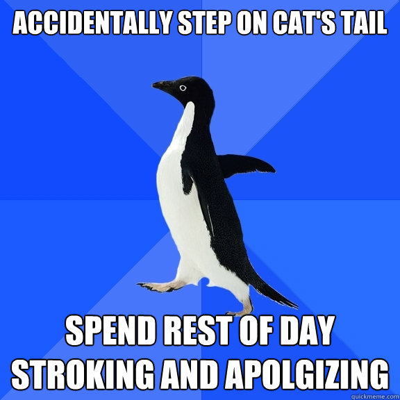 accidentally step on cat's tail spend rest of day stroking and apolgizing  Socially Awkward Penguin