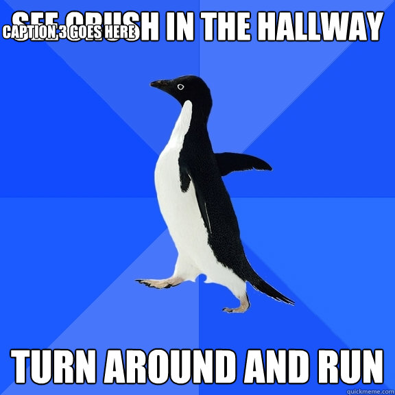 See Crush In the Hallway turn around and run Caption 3 goes here  Socially Awkward Penguin