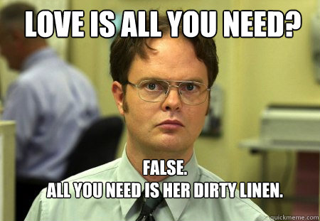LOVE IS ALL YOU NEED? FALSE.  
All you need is her dirty linen.  Schrute