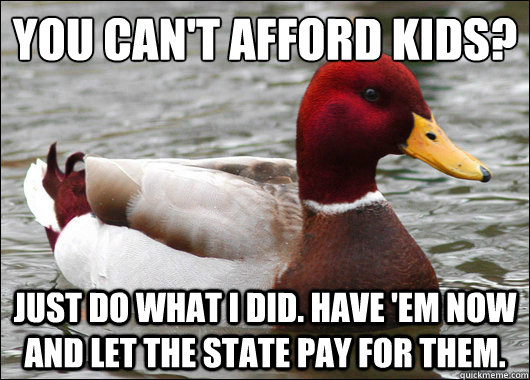 You can't afford kids?
 JUST do what i did. have 'em now and let the state pay for them.  Malicious Advice Mallard