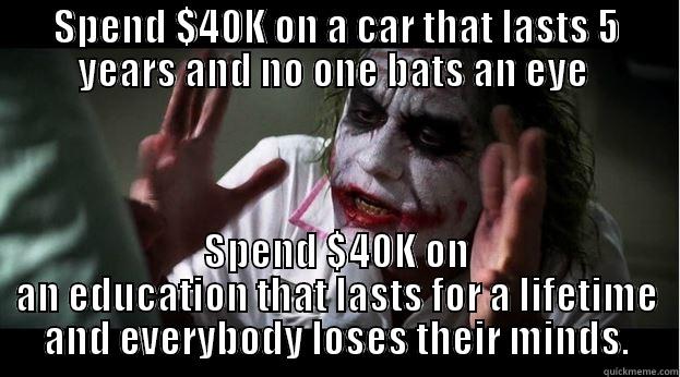 SPEND $40K ON A CAR THAT LASTS 5 YEARS AND NO ONE BATS AN EYE  SPEND $40K ON AN EDUCATION THAT LASTS FOR A LIFETIME AND EVERYBODY LOSES THEIR MINDS. Joker Mind Loss