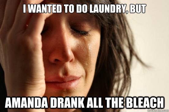 I wanted to do laundry, but Amanda drank all the bleach  First World Problems