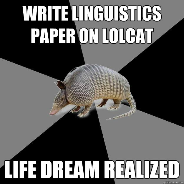 write linguistics paper on lolcat life dream realized  English Major Armadillo