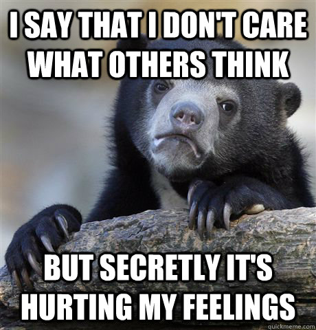 I say that I don't care what others think But secretly it's hurting my feelings  Confession Bear
