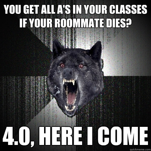 you get all A's in your classes if your roommate dies? 4.0, here i come  Insanity Wolf