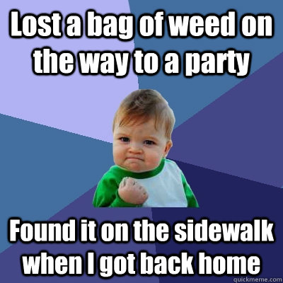 Lost a bag of weed on the way to a party Found it on the sidewalk when I got back home  Success Kid