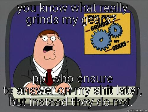 YOU KNOW WHAT REALLY GRINDS MY GEARS?  PPL WHO ENSURE TO ANSWER ON MY SHIT LATER, BUT INSTEAD THEY DO NOT.  Grinds my gears