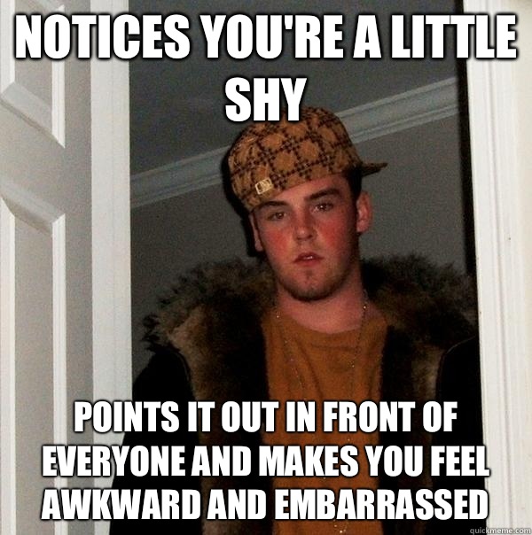 Notices you're a little shy Points it out in front of everyone and makes you feel awkward and embarrassed  Scumbag Steve