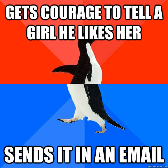 Gets courage to tell a girl he likes her sends it in an email  Socially Awesome Awkward Penguin