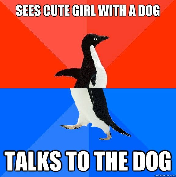 sees cute girl with a dog talks to the dog  Socially Awesome Awkward Penguin