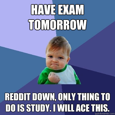 Have exam tomorrow  Reddit down, only thing to do is study. I will ace this.  - Have exam tomorrow  Reddit down, only thing to do is study. I will ace this.   Success Kid