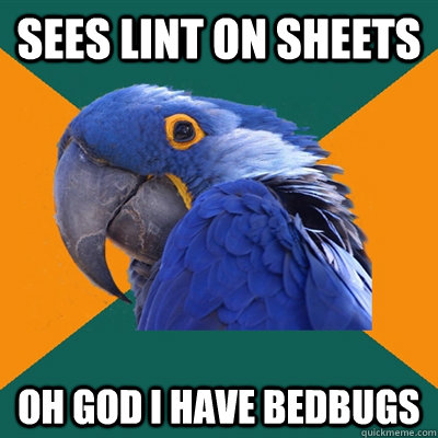 sees lint on sheets oh god i have bedbugs  Paranoid Parrot