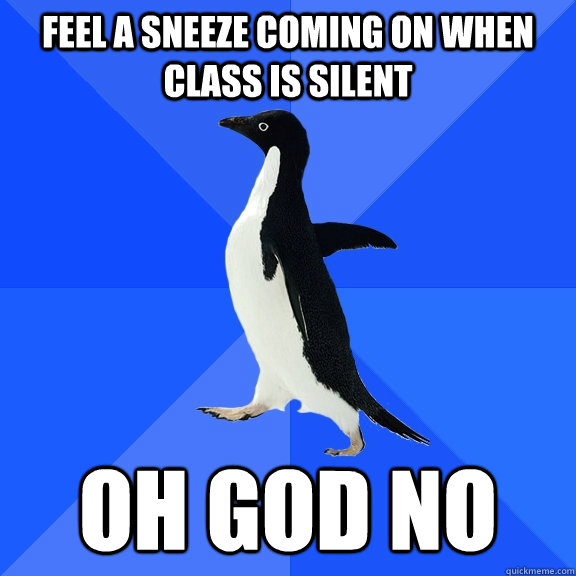 Feel a sneeze coming on when class is silent oh god no  Socially Awkward Penguin