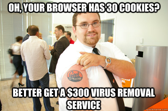 Oh, your browser has 30 cookies? Better get a $300 virus removal service  GeekSquad Gus