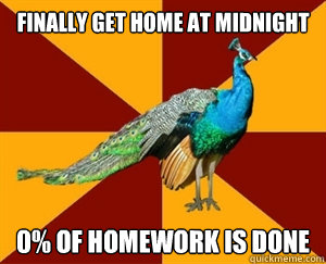 finally get home at midnight 0% of homework is done - finally get home at midnight 0% of homework is done  Thespian Peacock