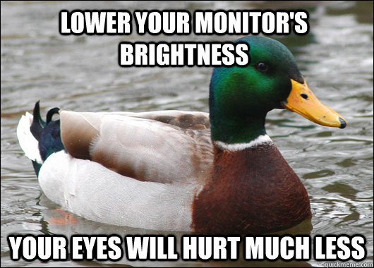 lower your monitor's brightness your eyes will hurt much less - lower your monitor's brightness your eyes will hurt much less  Actual Advice Mallard