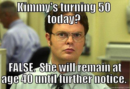 KIMMY'S TURNING 50 TODAY?  FALSE.  SHE WILL REMAIN AT AGE 40 UNTIL FURTHER NOTICE. Schrute