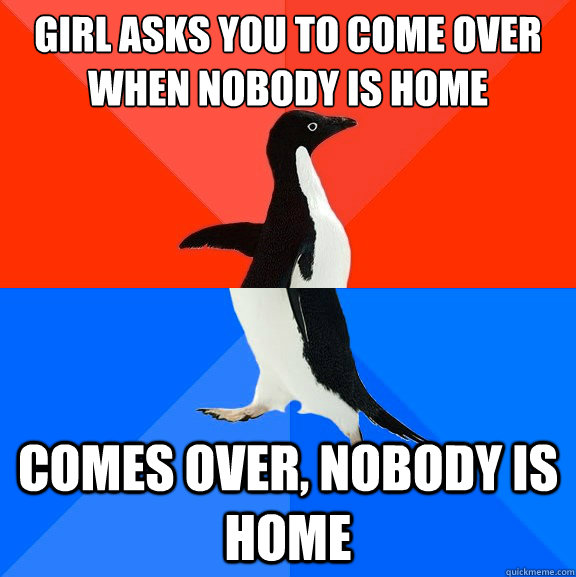Girl asks you to come over when nobody is home Comes over, nobody is home  Socially Awesome Awkward Penguin