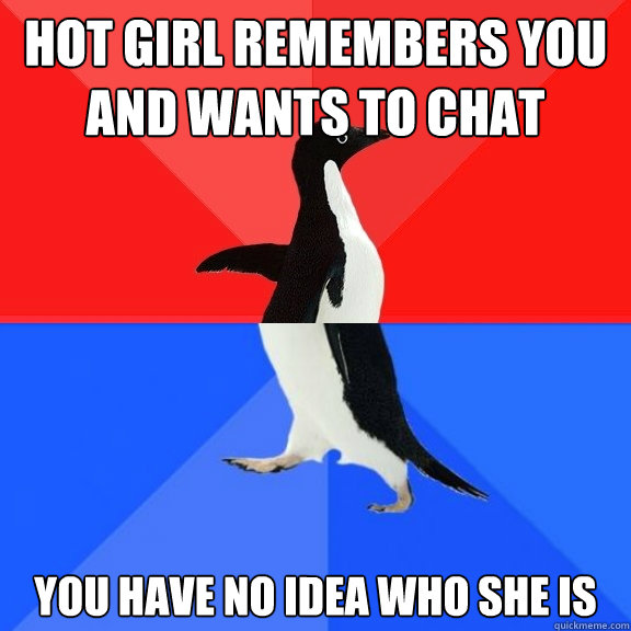 Hot girl remembers you and wants to chat you have no idea who she is  Socially Awksome Penguin