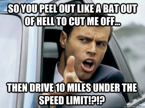 So you peel out like a bat out of hell to cut me off... THEN DRIVE 10 MILES UNDER THE SPEED LIMIT!?!?   Asshole driver