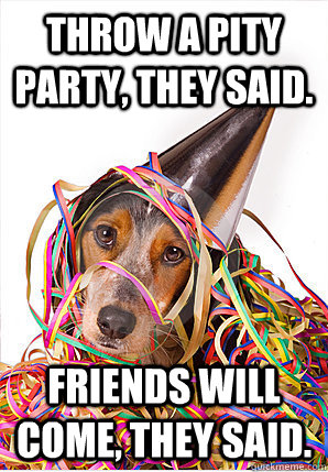 Throw a pity party, they said. Friends will come, they said.  Pity Party Dog