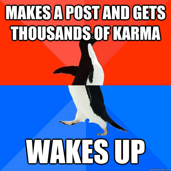 makes a post and gets thousands of karma wakes up  Socially Awesome Awkward Penguin