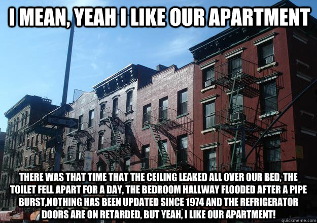 I mean, yeah i like our apartment there was that time that the ceiling leaked all over our bed, the toilet fell apart for a day, the bedroom hallway flooded after a pipe burst,nothing has been updated since 1974 and the refrigerator doors are on retarded, - I mean, yeah i like our apartment there was that time that the ceiling leaked all over our bed, the toilet fell apart for a day, the bedroom hallway flooded after a pipe burst,nothing has been updated since 1974 and the refrigerator doors are on retarded,  Overpriced New York Apartment