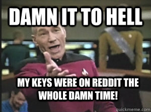 damn it to hell my keys were on reddit the whole damn time!  Annoyed Picard
