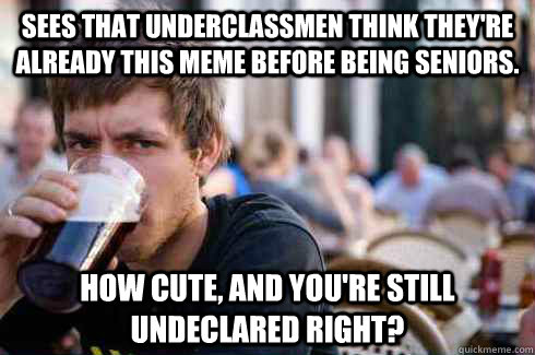 Sees that underclassmen think they're already this meme before being seniors. How cute, and you're still undeclared right?  Lazy College Senior