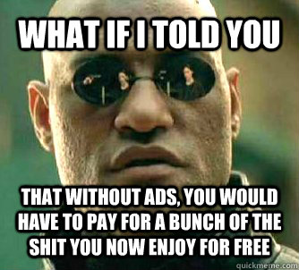 WHAT IF I TOLD YOU  THAT WITHOUT ADS, YOU WOULD HAVE TO PAY FOR A BUNCH OF THE SHIT YOU NOW ENJOY FOR FREE  What if I told you