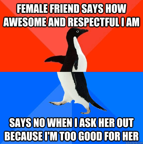 Female friend says how awesome and respectful I am Says no when I ask her out because I'm too good for her  Socially Awesome Awkward Penguin
