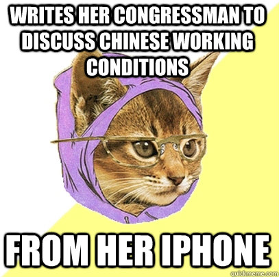 Writes her congressman to discuss Chinese working conditions from her iphone  Hipster Kitty