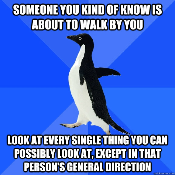 someone you kind of know is about to walk by you look at every single thing you can possibly look at, except in that person's general direction  Socially Awkward Penguin