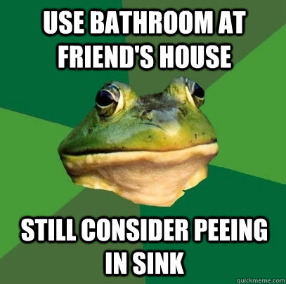 use bathroom at friend's house still consider peeing in sink  Foul Bachelor Frog
