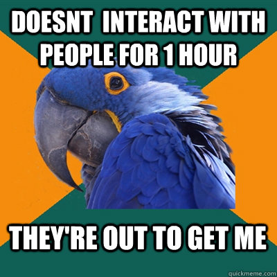 Doesnt  interact with people for 1 hour They're out to get me  Paranoid Parrot