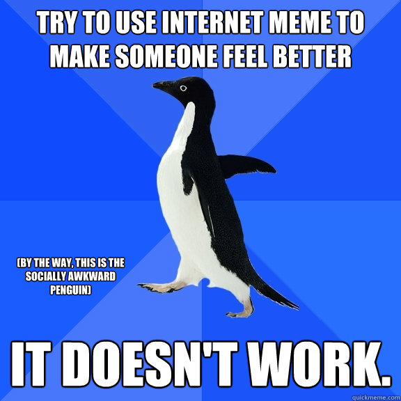 Try to use internet meme to make someone feel better it doesn't work.  (by the way, this is the socially awkward penguin)  Socially Awkward Penguin