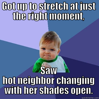 GOT UP TO STRETCH AT JUST THE RIGHT MOMENT, SAW HOT NEIGHBOR CHANGING WITH HER SHADES OPEN. Success Kid