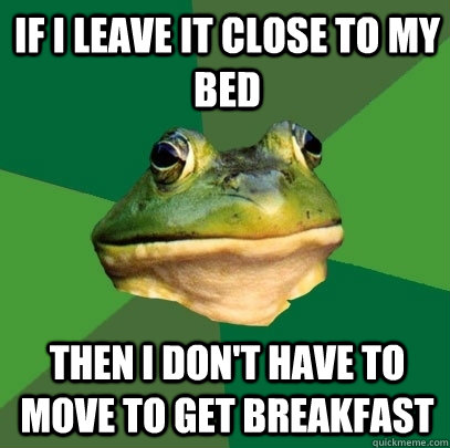 If i leave it close to my bed then i don't have to move to get breakfast  Foul Bachelor Frog