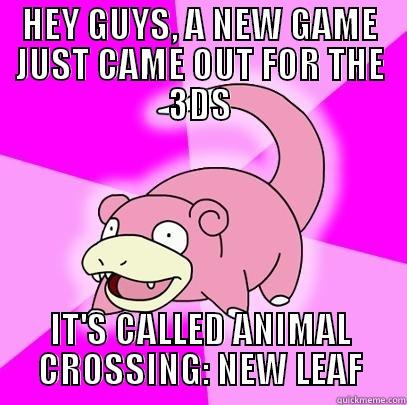 HEY GUYS, A NEW GAME JUST CAME OUT FOR THE 3DS IT'S CALLED ANIMAL CROSSING: NEW LEAF Slowpoke