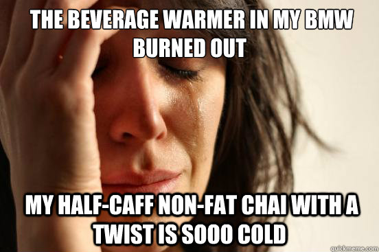  the beverage warmer in my bmw burned out  my half-caff non-fat chai with a twist is sooo cold  First World Problems