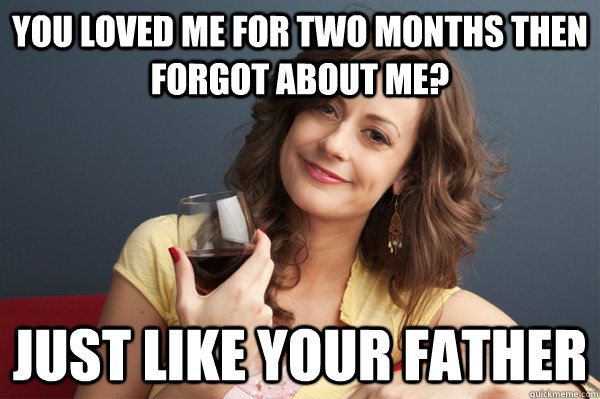 You loved me for two months then forgot about me? Just like your father  Forever Resentful Mother