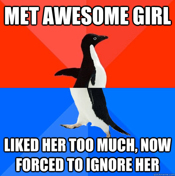 Met awesome girl Liked her too much, Now forced to ignore her  Socially Awesome Awkward Penguin