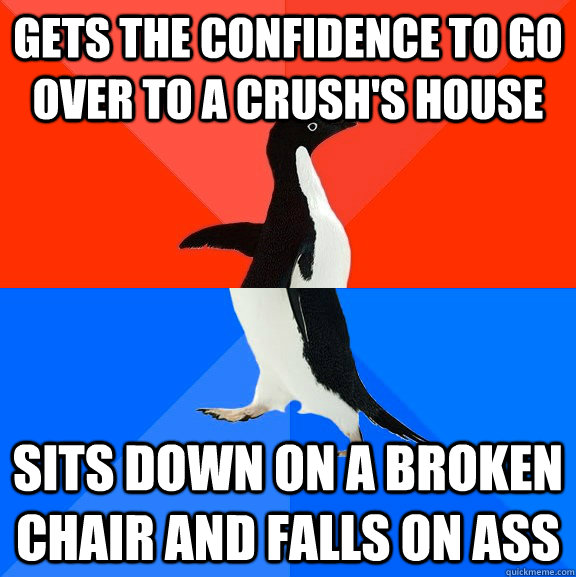 gets the confidence to go over to a crush's house Sits down on a broken chair and falls on ass  Socially Awesome Awkward Penguin