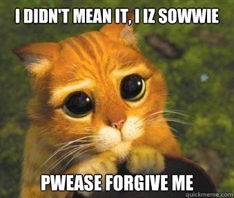 I didn't mean it, I iz sowwie Pwease forgive me  Puss in boots