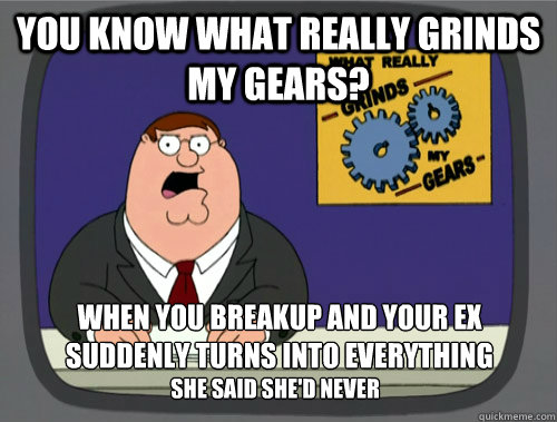 you know what really grinds my gears? when you breakup and your ex
suddenly turns into everything  she said she'd never be  You know what really grinds my gears