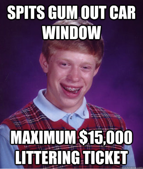 spits gum out car window maximum $15,000 littering ticket  Bad Luck Brian