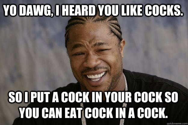 Yo dawg, i heard you like cocks. So I put a cock in your cock so you can eat cock in a cock.  Xzibit meme