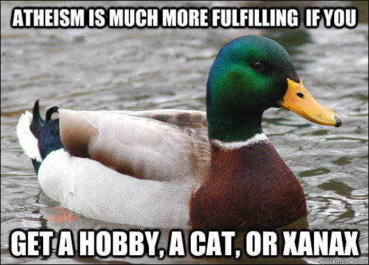 Atheism is much more fulfilling  if you get a hobby, a cat, or xanax  Actual Advice Mallard